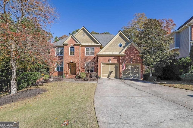 front facade with a front lawn and a garage