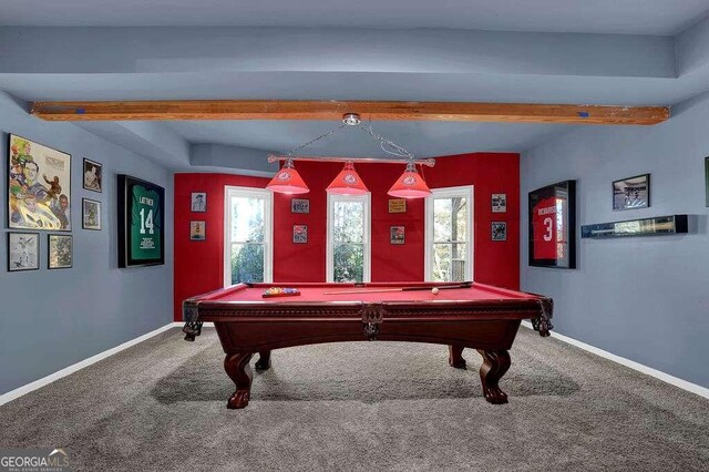 recreation room with beamed ceiling, carpet, and pool table