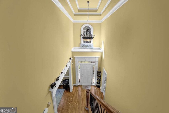 entrance foyer with a raised ceiling, an inviting chandelier, ornamental molding, and hardwood / wood-style flooring