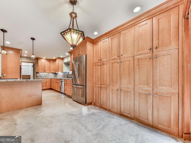 kitchen featuring decorative light fixtures, backsplash, stainless steel appliances, and light brown cabinetry