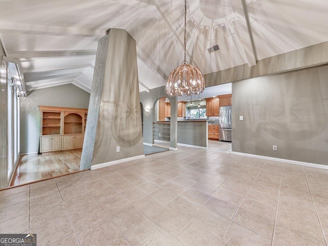 unfurnished living room featuring light tile patterned flooring, lofted ceiling with beams, and a notable chandelier