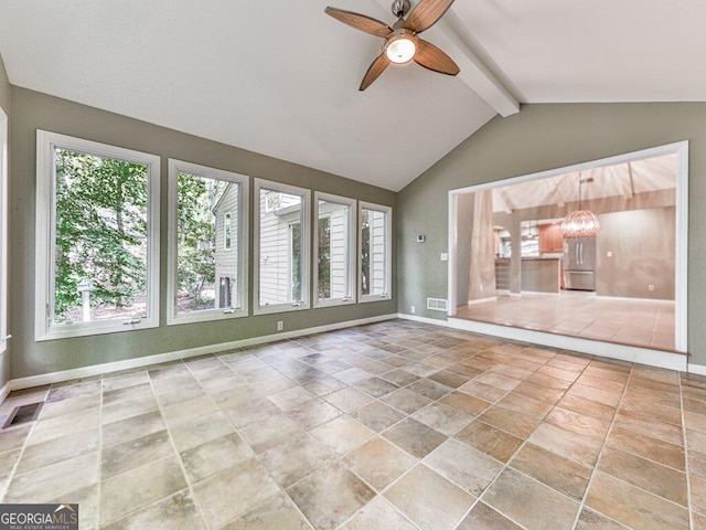 unfurnished sunroom with lofted ceiling with beams and ceiling fan with notable chandelier