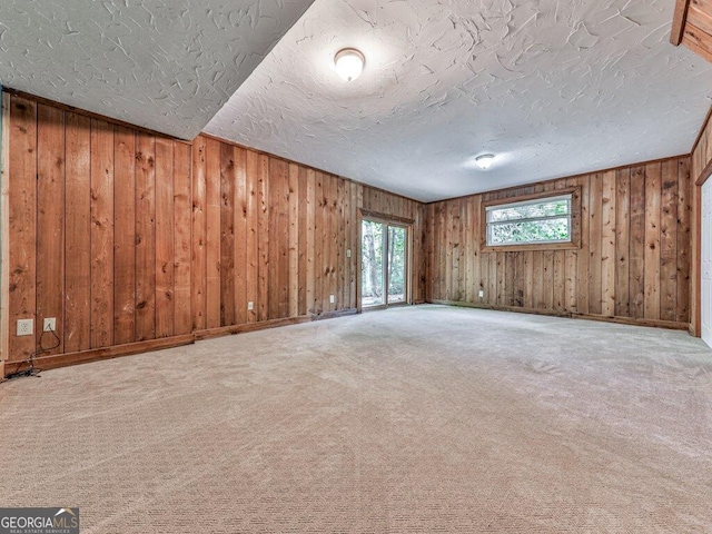 additional living space featuring a textured ceiling, carpet floors, and wooden walls