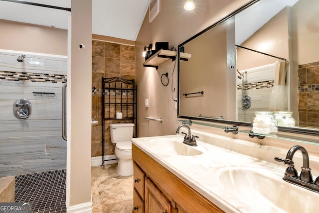 bathroom with a shower with curtain, toilet, tile walls, and vanity