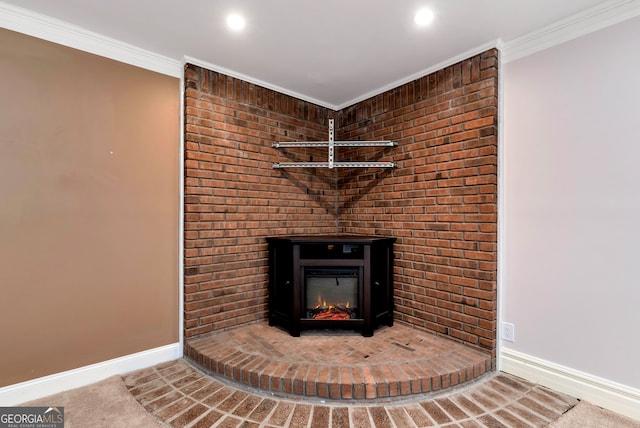 room details featuring carpet flooring, a large fireplace, and ornamental molding