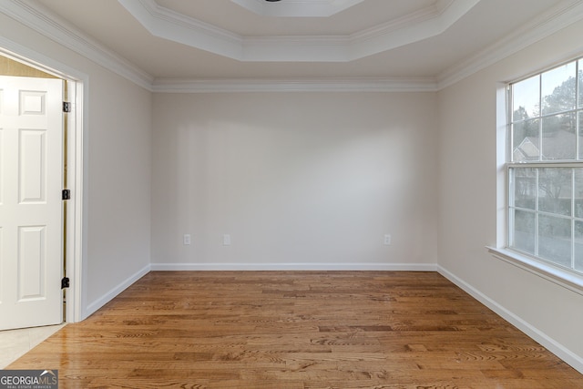 empty room with hardwood / wood-style flooring, a tray ceiling, and ornamental molding