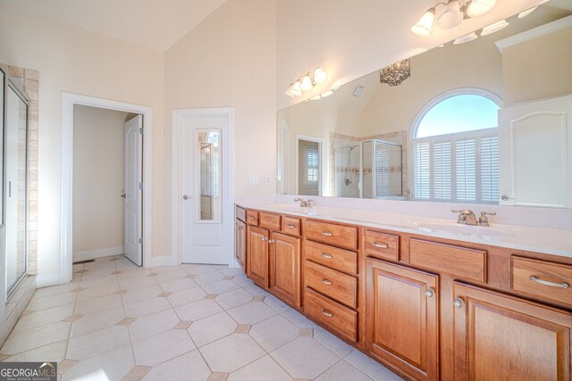 bathroom featuring tile patterned flooring, vanity, vaulted ceiling, and an enclosed shower