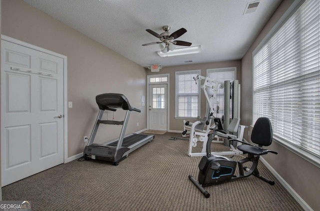 workout room featuring carpet flooring, ceiling fan, and a textured ceiling