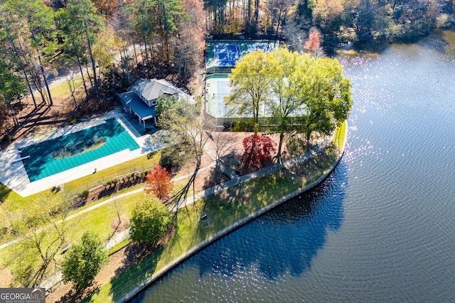 drone / aerial view featuring a water view