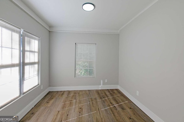 empty room featuring wood-type flooring and crown molding