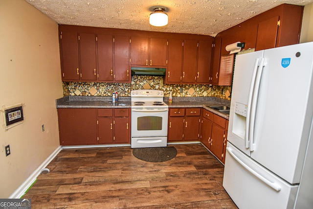 kitchen featuring a textured ceiling, decorative backsplash, dark hardwood / wood-style flooring, and white appliances