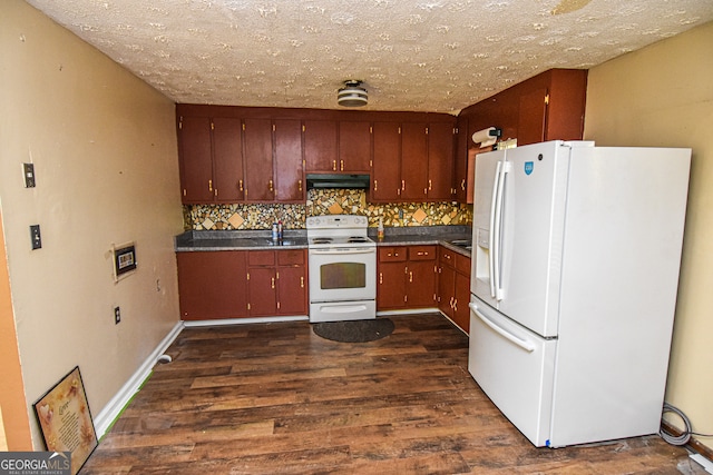 kitchen featuring backsplash, white appliances, and dark wood-type flooring