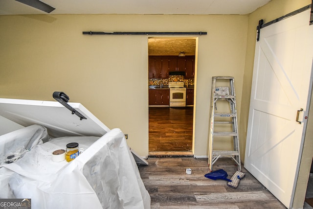 clothes washing area with a barn door, sink, and dark wood-type flooring