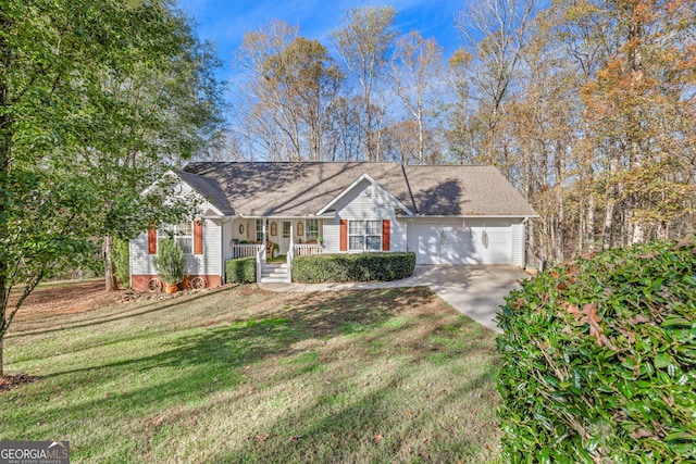 view of front of property with a front yard, concrete driveway, covered porch, and an attached garage