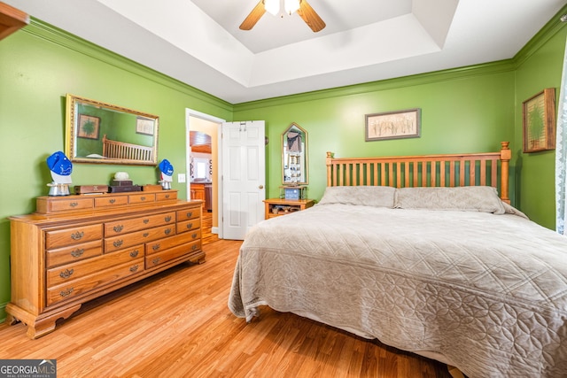 bedroom with a raised ceiling, wood finished floors, and a ceiling fan