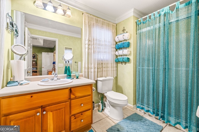 bathroom with vanity, a shower with curtain, ornamental molding, tile patterned floors, and toilet