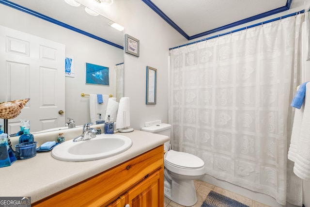 full bathroom featuring tile patterned flooring, crown molding, toilet, and vanity