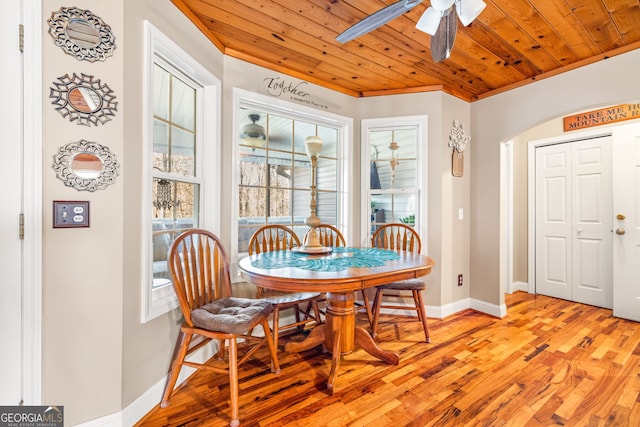 dining area with baseboards, light wood-style flooring, wood ceiling, and ceiling fan