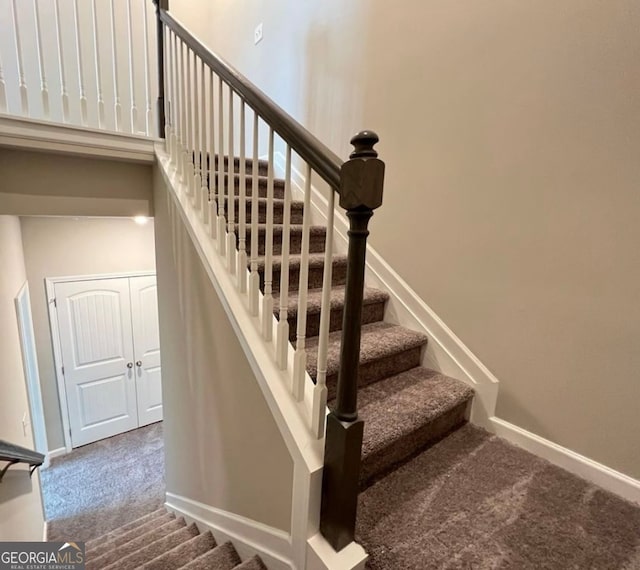 stairs featuring carpet flooring