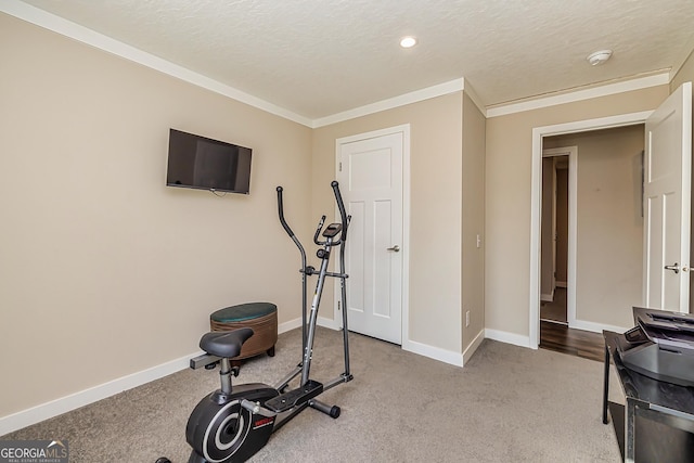 workout area with light carpet, a textured ceiling, and ornamental molding