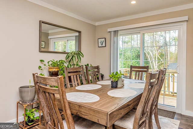 dining room with dark hardwood / wood-style flooring, a wealth of natural light, and ornamental molding