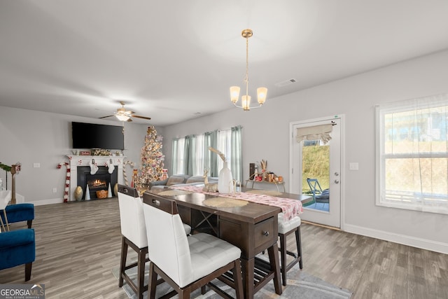 dining space featuring hardwood / wood-style flooring and ceiling fan with notable chandelier