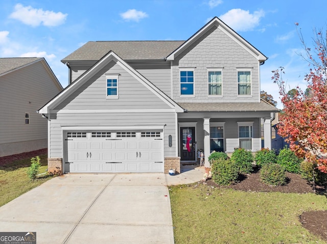 craftsman inspired home featuring a garage, a front yard, and covered porch