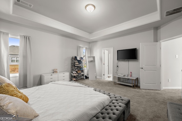 carpeted bedroom with crown molding and a raised ceiling