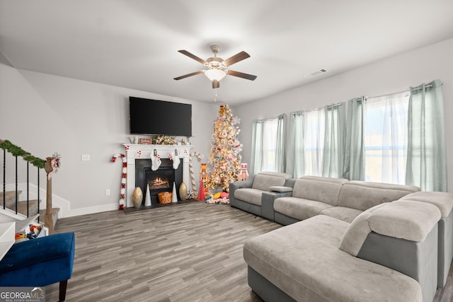 living room featuring ceiling fan, wood-type flooring, and a healthy amount of sunlight