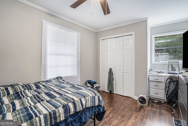 bedroom with ceiling fan, ornamental molding, dark wood-type flooring, and a closet