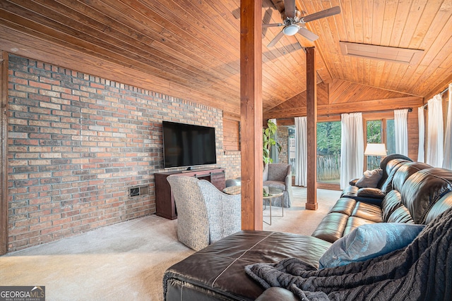 living room with vaulted ceiling, ceiling fan, light colored carpet, wood ceiling, and brick wall