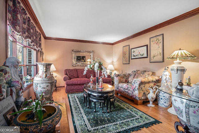 living room featuring hardwood / wood-style floors and ornamental molding