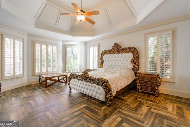 bedroom featuring ceiling fan and ornamental molding