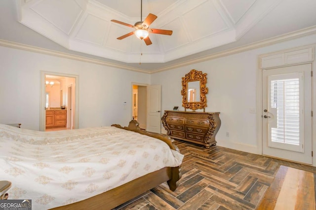 bedroom with ceiling fan, crown molding, and dark parquet floors