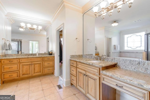 bathroom featuring tile patterned flooring, vanity, ornamental molding, and a notable chandelier