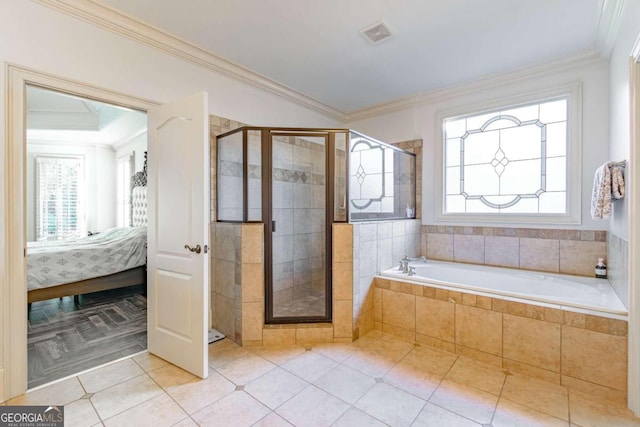 bathroom with crown molding, tile patterned flooring, and plus walk in shower