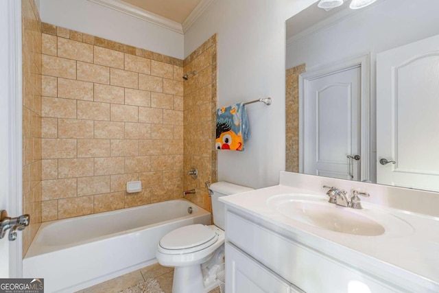 full bathroom featuring tile patterned floors, crown molding, vanity, and tiled shower / bath combo