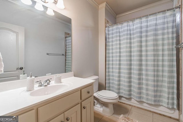 full bathroom with vanity, shower / bath combo with shower curtain, crown molding, tile patterned flooring, and toilet