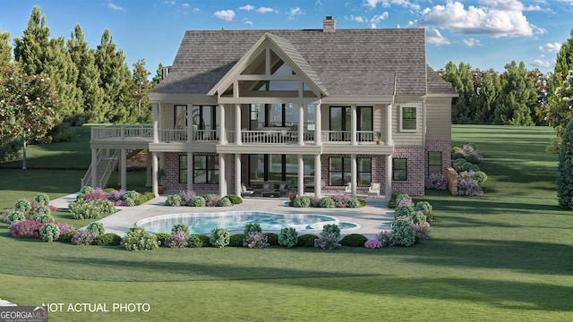 back of house with a patio, a balcony, a pool side deck, and a lawn