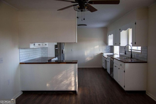 kitchen featuring backsplash, white cabinetry, sink, and dark wood-type flooring