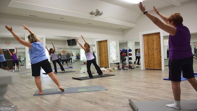 workout room featuring light wood-type flooring, high vaulted ceiling, and french doors