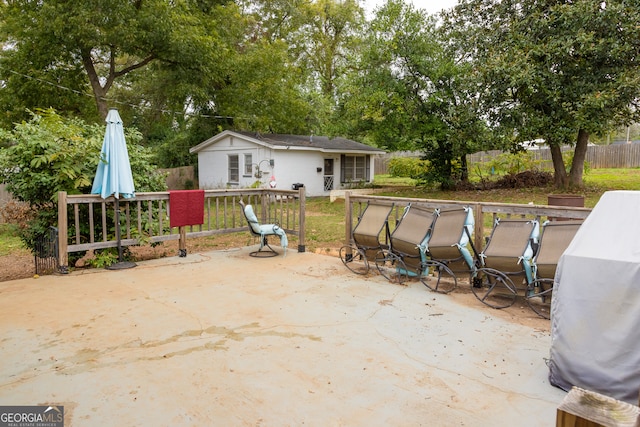 view of patio / terrace featuring an outdoor structure