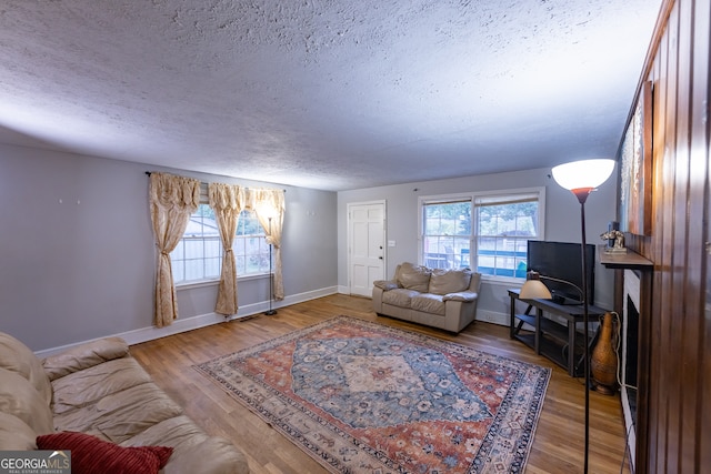 living room with hardwood / wood-style floors, a textured ceiling, and a wealth of natural light