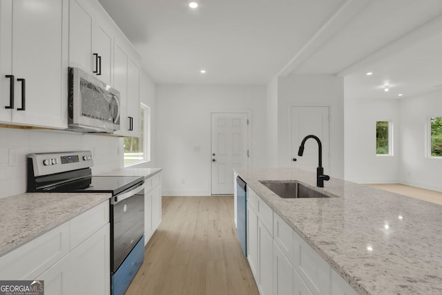 kitchen featuring light wood-type flooring, stainless steel appliances, plenty of natural light, and sink