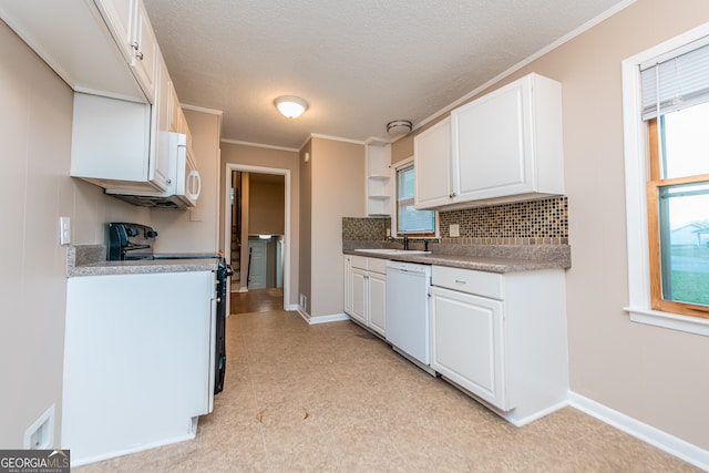 kitchen featuring white appliances, white cabinets, decorative backsplash, ornamental molding, and a textured ceiling