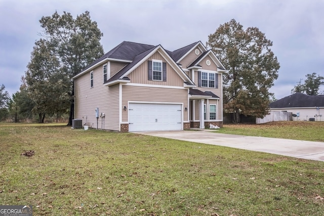 craftsman inspired home with central AC, a garage, and a front lawn