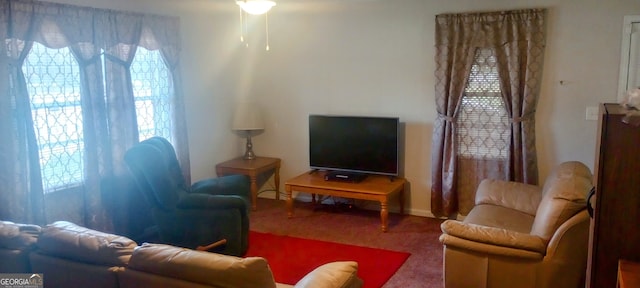 living room with ceiling fan and carpet floors