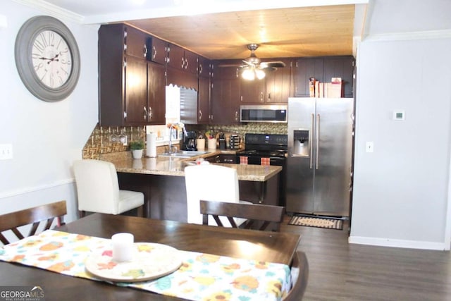 kitchen with kitchen peninsula, appliances with stainless steel finishes, tasteful backsplash, crown molding, and sink