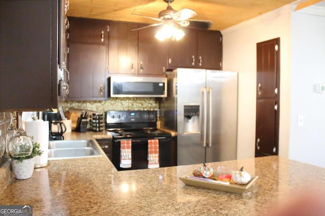 kitchen with tasteful backsplash, wooden ceiling, stainless steel appliances, and ornamental molding