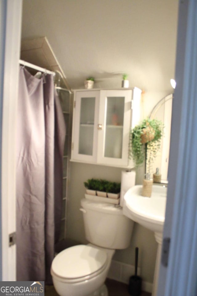 bathroom featuring a shower with shower curtain and toilet